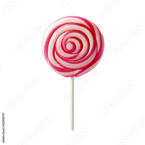 A delicious pink and white round lollipop isolated on a transparent background  photo