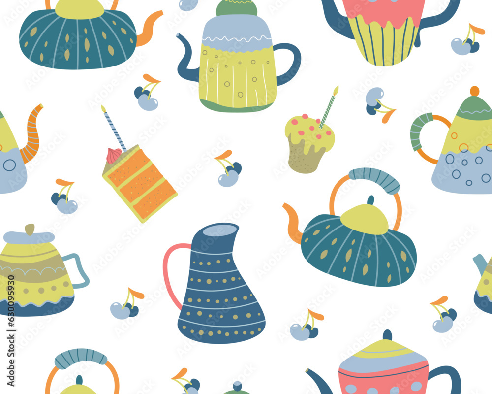 Cosy kitchen ware seamless pattern. Tea kettles and coffee pots with cakes and cupcakes on white background 