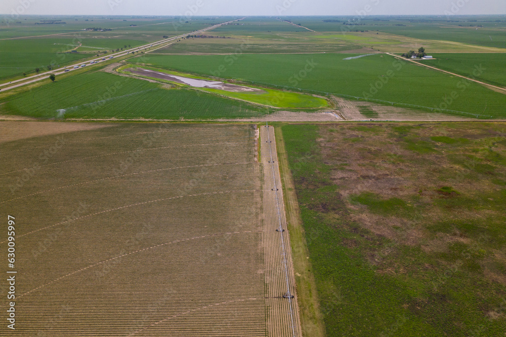 A circle of wheat has a circle in the middle of it. A field with a sprinkler on it. A farm is seen from the air.