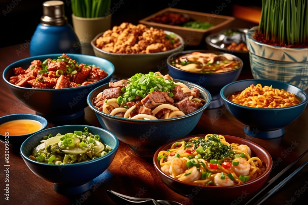 Thai food in a restaurant. Lively noodle bar scene with different types of noodle. Asia food. Udon noodles with veal on the dark background. 