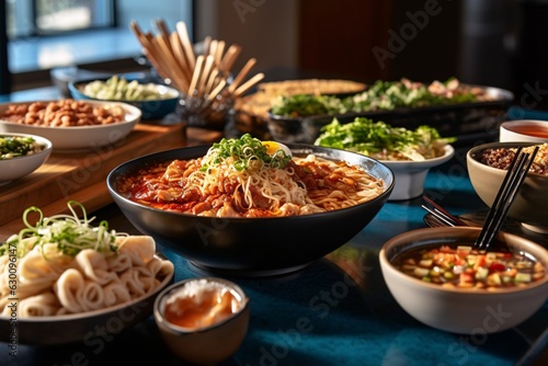 Food on the table. Lively noodle bar scene with different types of noodle. Asia food. Udon noodles with veal on the dark background.  © vachom