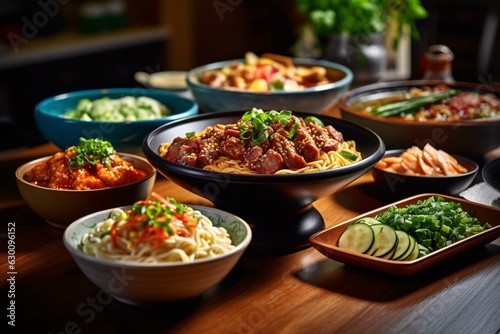 Thai food on the table. Lively noodle bar scene with different types of noodle. Asia food. Udon noodles with veal on the dark background. 
