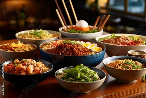 Food in a restaurant. Lively noodle bar scene with different types of noodle. Asia food. Udon noodles with veal on the dark background. 