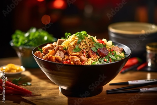 Lively noodle bar scene with different types of noodle. Asia food. Udon noodles with veal on the dark background. Thai food spicy chicken