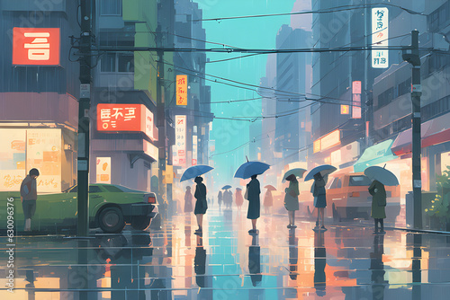 City,Rain,Cartoon, Generative AI