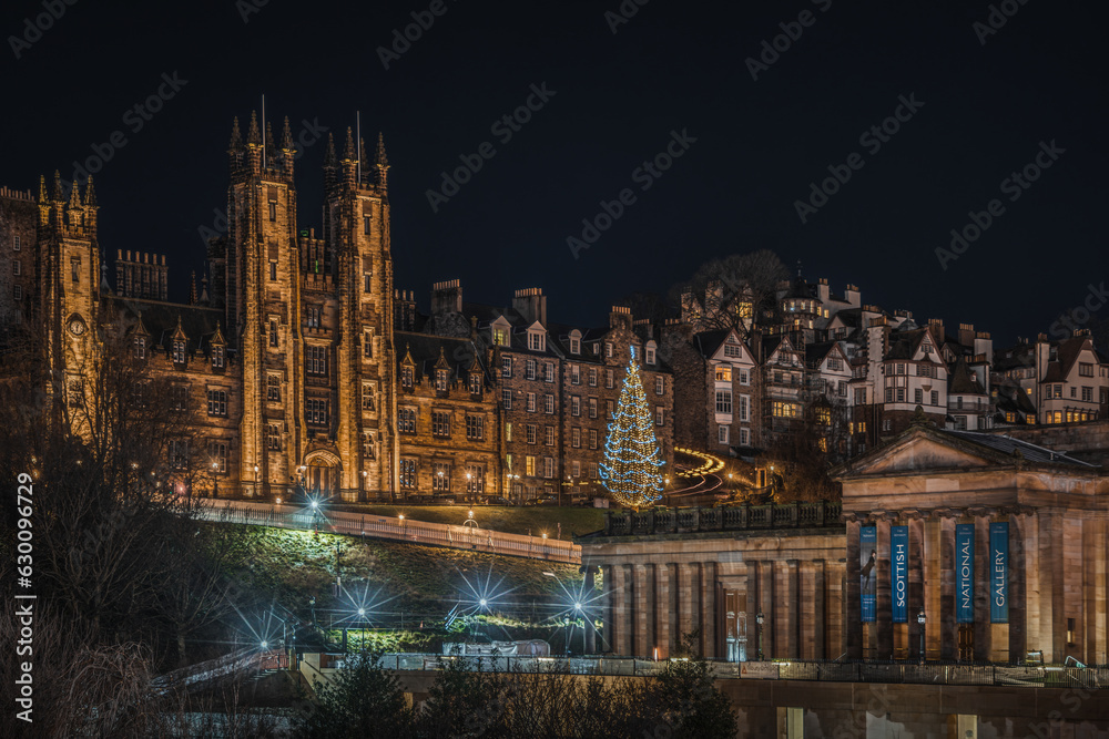 Edinburgh scenic night cityscape with National Scottish Gallery