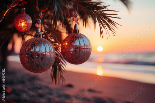 Photographie Pink Christmas decorations on a tropical coastline