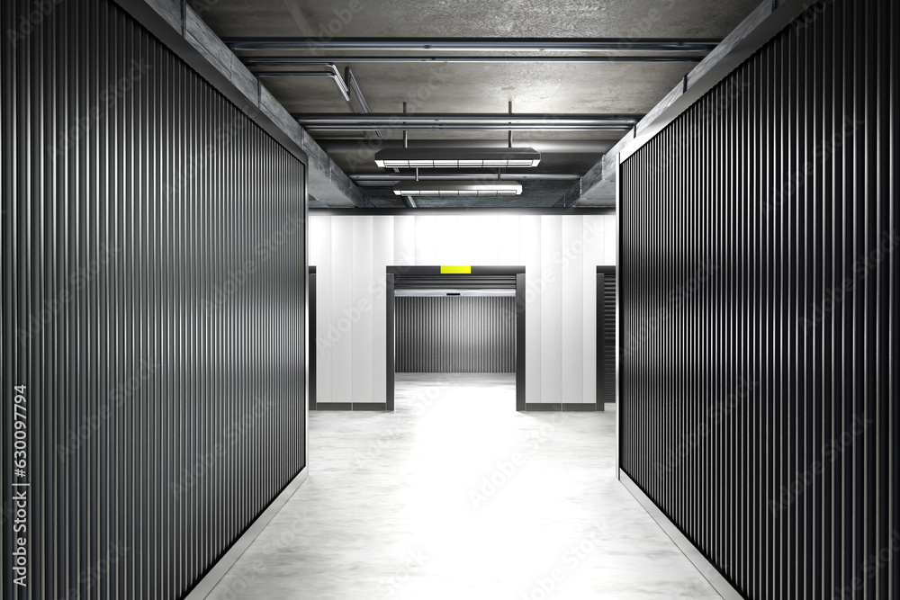 Naklejka premium Rental Storage Units. Self storage unit cutaway. Storage box with metal door. 3d image,