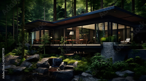 Whispers of Nature: A Contemporary Home Nestled Deep Within the Forest, Generative AI