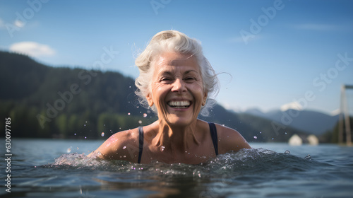 image of mature happy woman swim in the lake, Generative AI © Yuriy Maslov