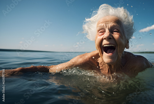image of mature happy woman swim in the lake, Generative AI