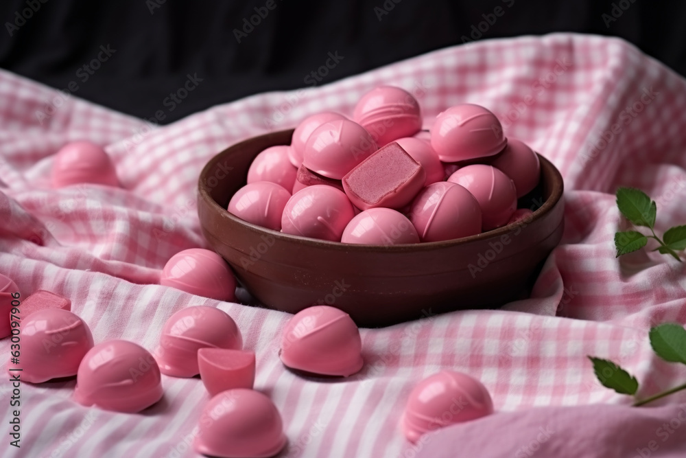 candy in a bowl. milk chocolate round candy cut in half inside praline filling with strawberries. the candy lies on a pink light fabric. dessert. candy in a bowl. milk chocolate round candy cut in half inside praline filling with strawberries. the candy lies on a pink light fabric. dessert.