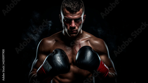 image of a boxer, in excellent physical shape, on a black background, Generative AI 