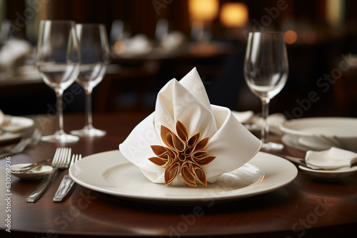 a skillfully folded napkin placed elegantly on a fine dining table setting Generative AI