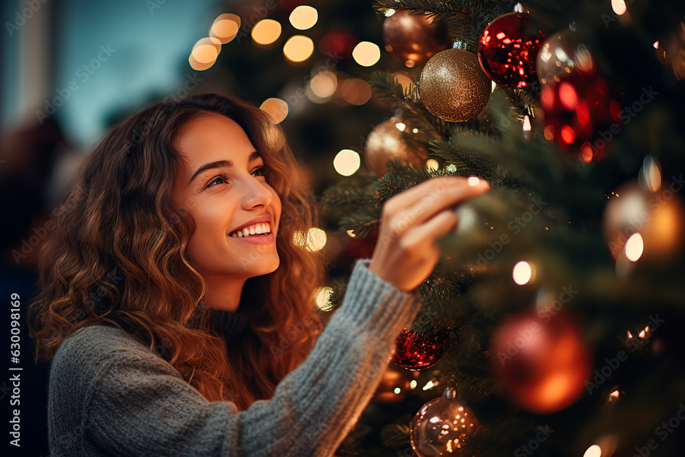 close-up woman decorating the christmas tree close-up woman decorating the christmas tree