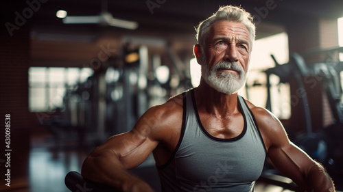 Strength without age: elderly athletic man, in excellent physical shape, in the gym, Generative AI