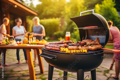 A barbeque full of sausages, other meat and corn. Family in the background enjoy a BBQ in the summer, daytime. Generative AI.