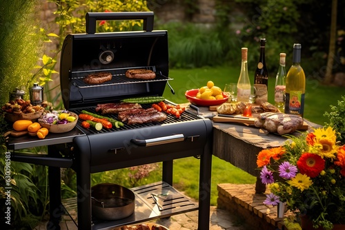 A delicious barbeque spread of food is displayed with meat on the grill, drinks and sides. Daylight and garden in the background of the BBQ. Generative AI.