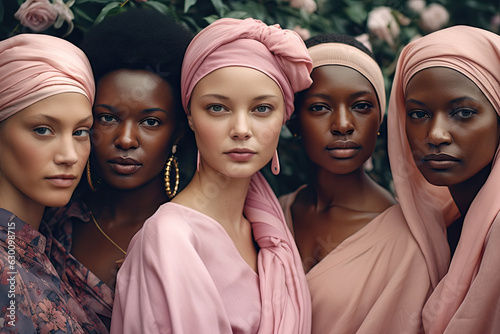 Generative AI illustration of multiethnic women group in in a street with pink scarves on their heads in support of Cancer Awareness Month photo