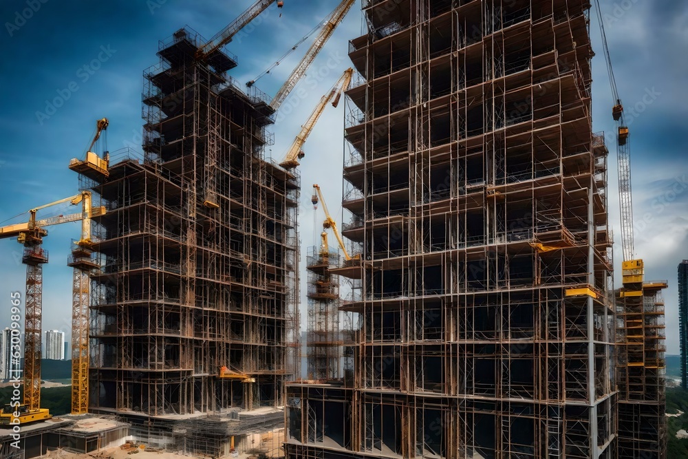 Amidst the urban landscape, a towering framework emerges, steel beams intertwining in a symphony of construction. Dust dances in the sunlight as cranes delicately position materials, shaping 