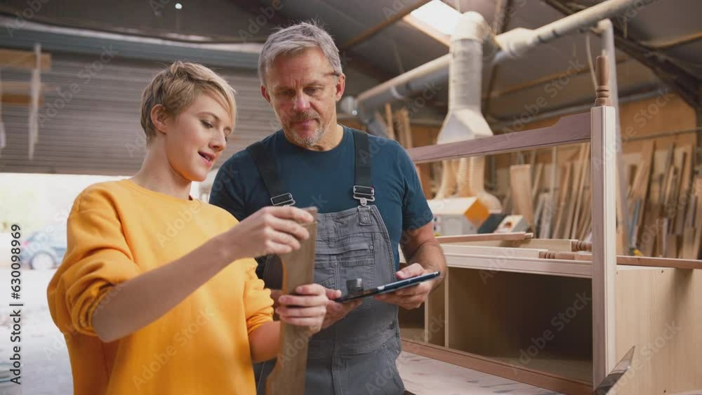 Mature male carpenter with digital tablet sharing woodworking skills with female apprentice in furniture factory - shot in slow motion Mature male carpenter with digital tablet sharing woodworking skills with female apprentice in furniture factory - shot in slow motion