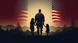 Happy soldier reunion with family. Silhouette on the background of the American flag. Veterans day concept.