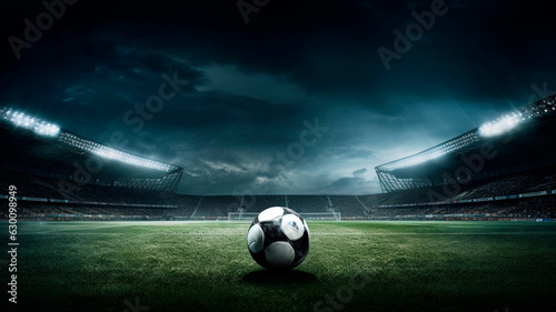 dramatic shot of a soccer field with green grass, soccer ball lying on the field, rain coming down, Generative AI  © Yuriy Maslov