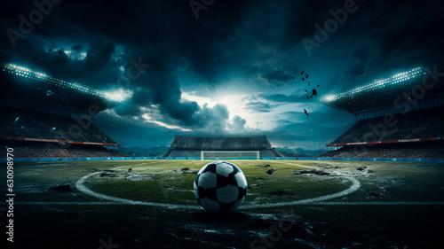 dramatic shot of a soccer field with green grass, soccer ball lying on the field, rain coming down, Generative AI 