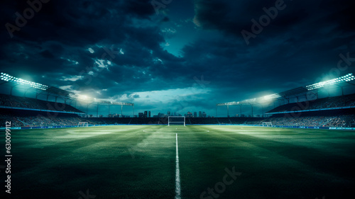 Print op canvas dramatic shot of a soccer field with green grass, rain coming down, Generative A
