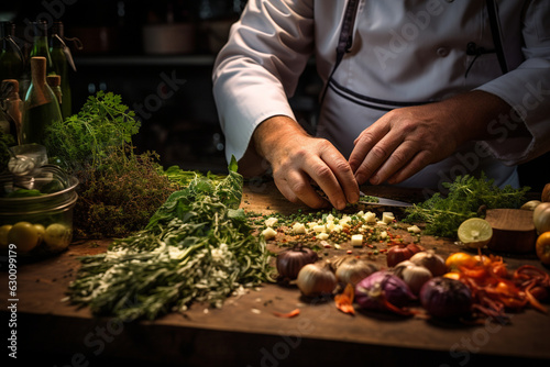 the hands of a chef chopping fragrant herbs on a chopping board, infusing dishes with rich flavors Generative AI