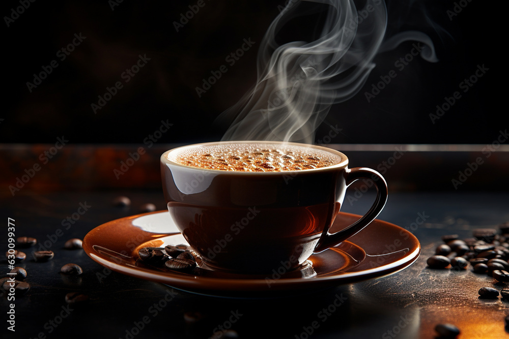 An elegant coffee cup placed on a saucer, with steam rising from the freshly brewed coffee Generative AI An elegant coffee cup placed on a saucer, with steam rising from the freshly brewed coffee Generative AI