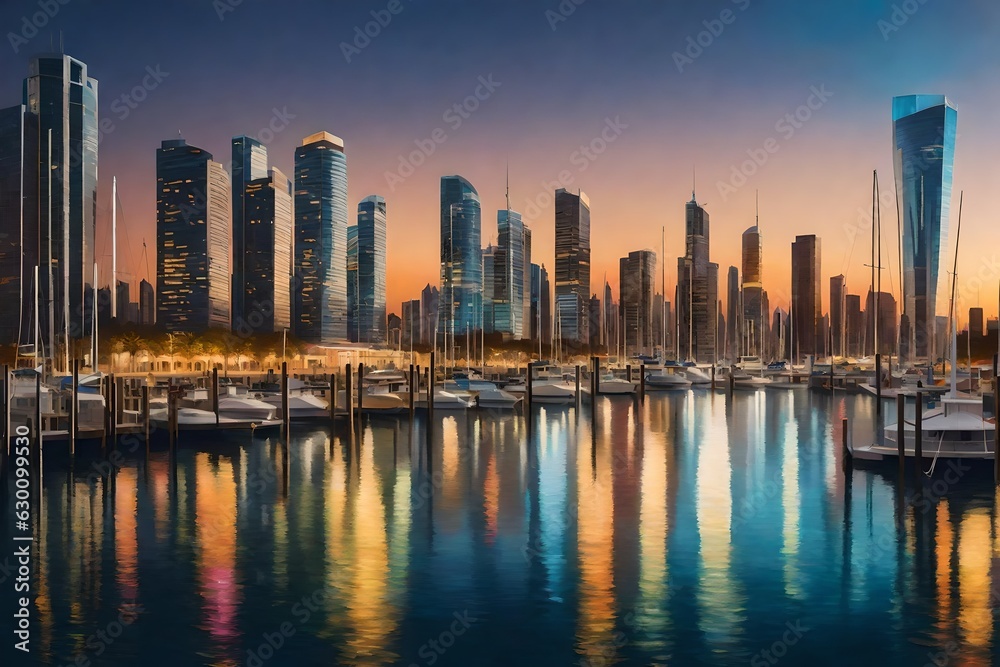 A shimmering marina bathed in moonlight, boats gently rocking in the harbor, their reflections dancing on the calm waters below, while distant city lights create a soft glow on the horizon.