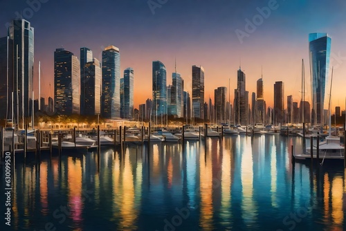A shimmering marina bathed in moonlight, boats gently rocking in the harbor, their reflections dancing on the calm waters below, while distant city lights create a soft glow on the horizon. © Nairobi 