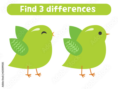 Find three differences. Cute little bird. Worksheet for kids.