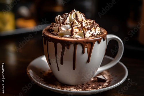 Hot Chocolate with Whipped Cream, Marshmallows and Chocolate Shavings. AI generated