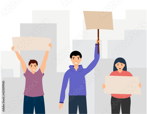 Protesting people on the city street, defending equal rights, fighting for freedom of speech and democracy, men with placards