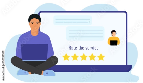 Evaluation of service provision, concept of providing feedback, feedback on application use,  A man evaluates the work of a contact center operator