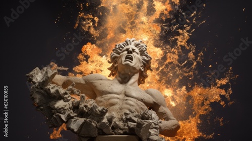A burning Statue falling apart.