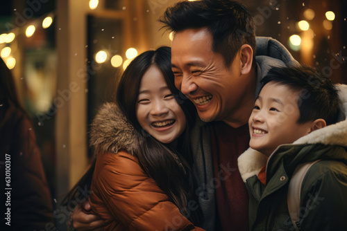 asian happy family, father hugging children generative ai