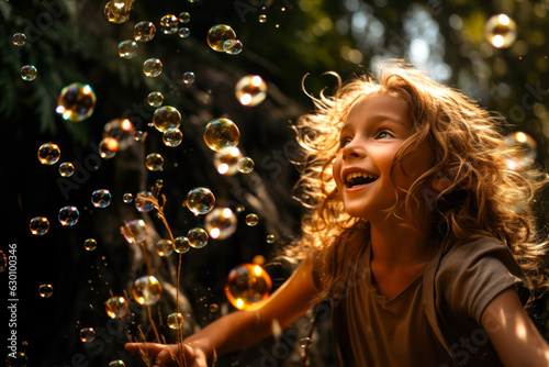 little boy child on the background of soap bubbles generative ai