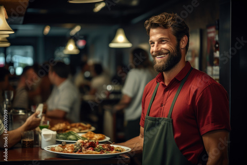smiling waiter in a restaurant generative ai