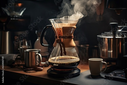 Fototapeta People use coffee making equipment and tools at home kitchens to brew hot coffee that drips into their cups