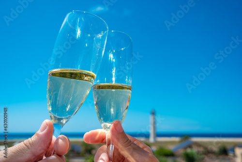 Amor y celebración con copas, brindis de una pareja en playa o islas en verano bajo el sol con faro a lo lejos.
