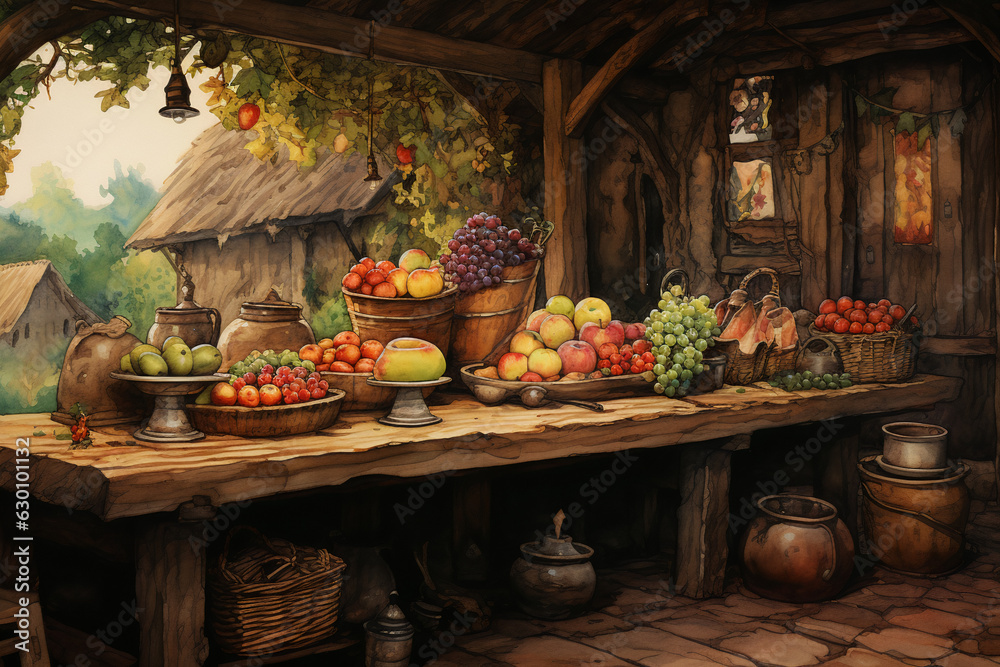 Medieval inn selling fruit