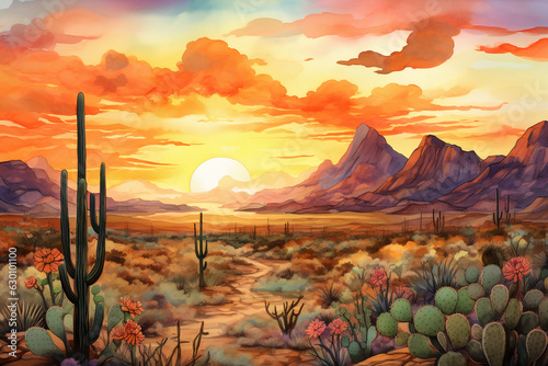 Sunset over a desert, watercolors