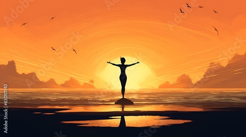 A woman practicing yoga at sunrise on a beach