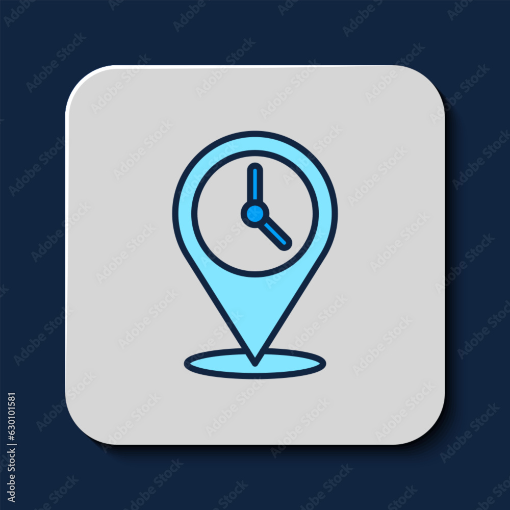 Filled outline Location with clock icon isolated on blue background. Vector Filled outline Location with clock icon isolated on blue background. Vector