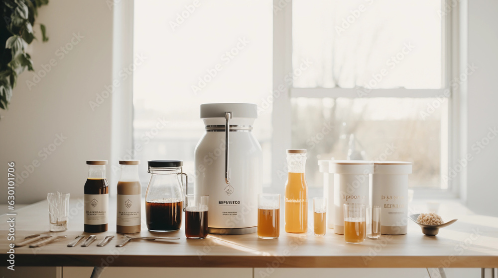 Minimalistic, Scandinavian style image of a homebrew kit neatly arranged on a light wood table, soft natural light, neutral palette, clean lines