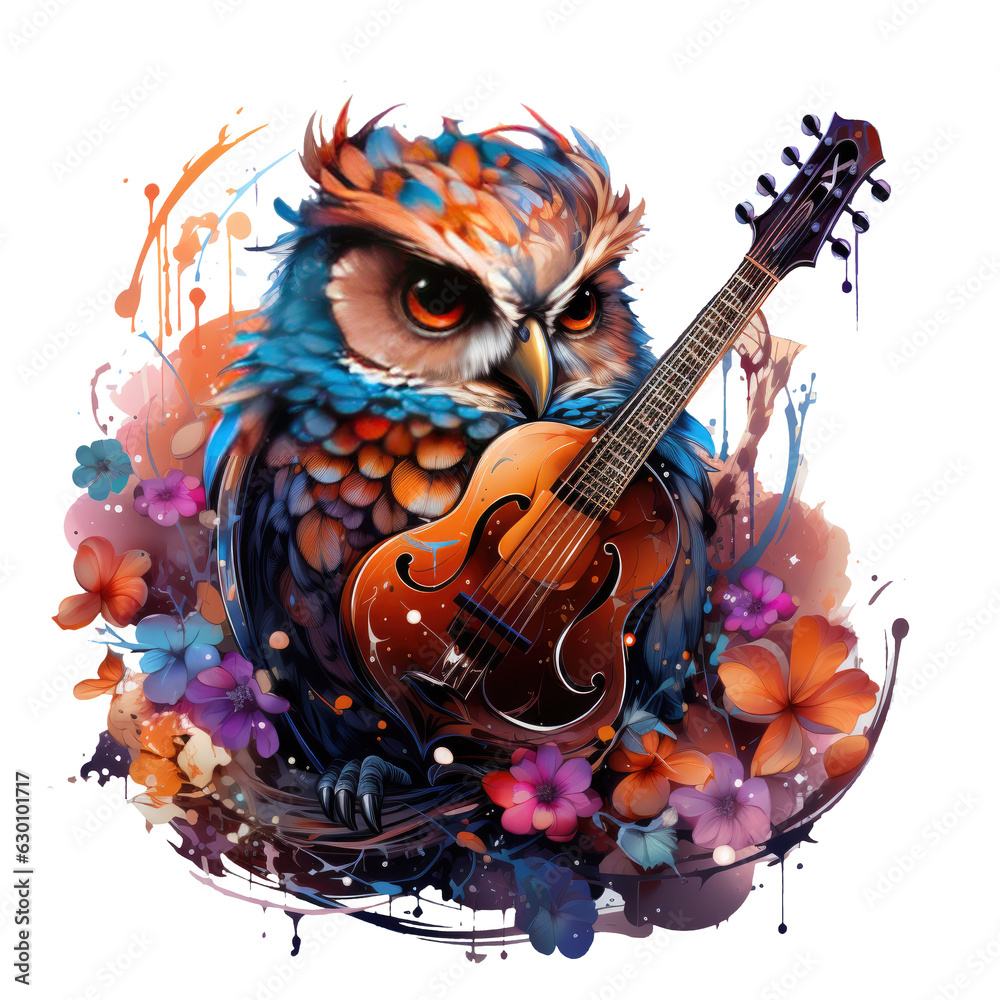 A whimsical owl t-shirt design with an owl as the conductor of a magical orchestra, surrounded by musical notes and instruments, Generative Ai
