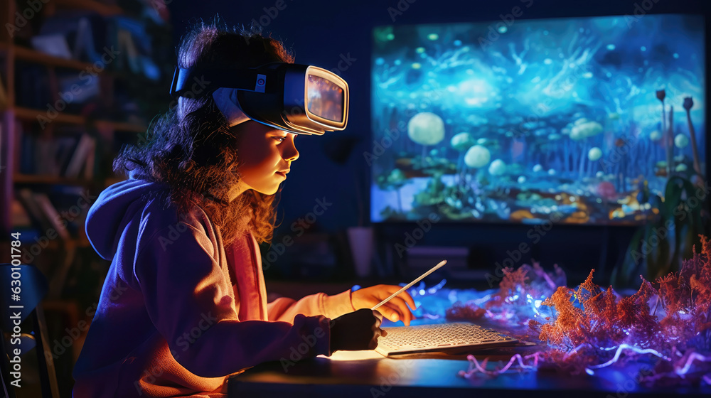 Fototapeta premium A photo of a young artist wearing a VR headset, fully immersed in a virtual world as they create digital art
